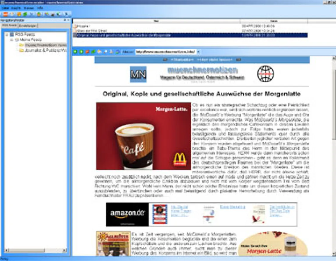 Screenshot des RSS-Readers mit geöffnetem programmintegrierten Internetbrowser