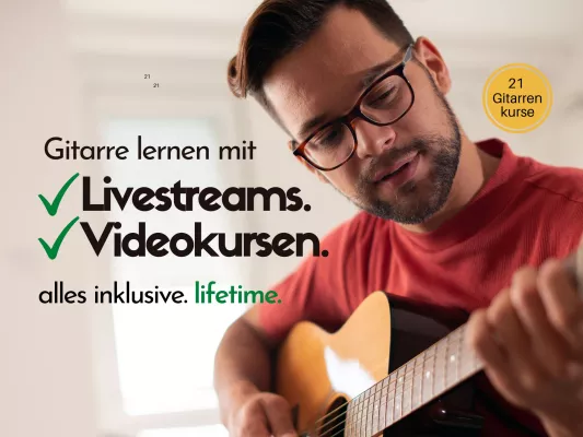 Bild: Lebenslang Gitarre und E-Gitarre lernen für 49 Euro statt 1.150€. Dein Zugang zu 21 Gitarrenkursen. 