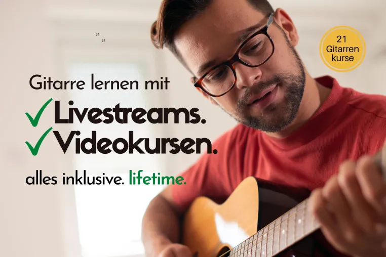 Lebenslang Gitarre und E-Gitarre lernen für 49 Euro statt 1.150€. Dein Zugang zu 21 Gitarrenkursen. Bild: Lebenslang Gitarre und E-Gitarre lernen für 49 Euro statt 1.150€. Dein Zugang zu 21 Gitarrenkursen.