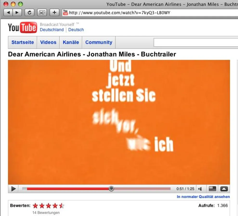 Der Buchtrailer zu dem im März erscheinenden Roman 'Dear American Airlines' auf youtube.com