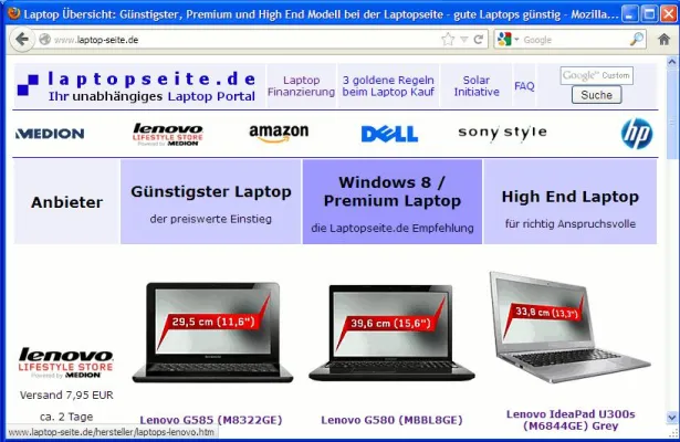 Bild: Laptopseite listet Windows 8 Laptops