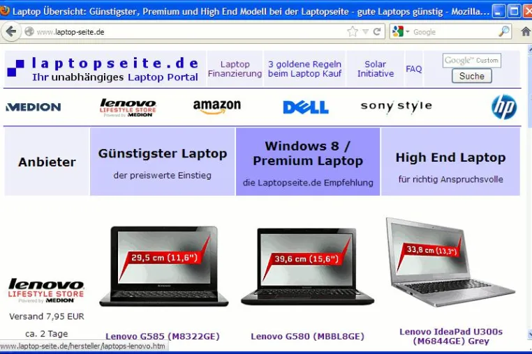 Bild: Laptopseite listet Windows 8 Laptops