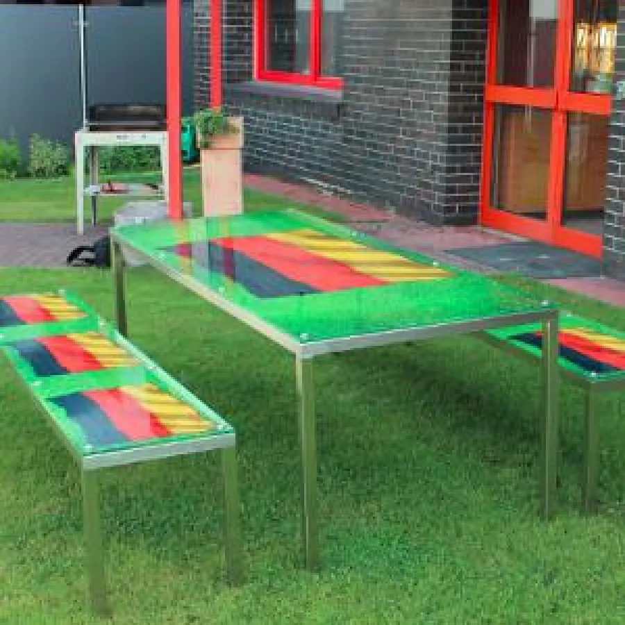 WM Sitzgarnitur aus Glas und Edelstahl