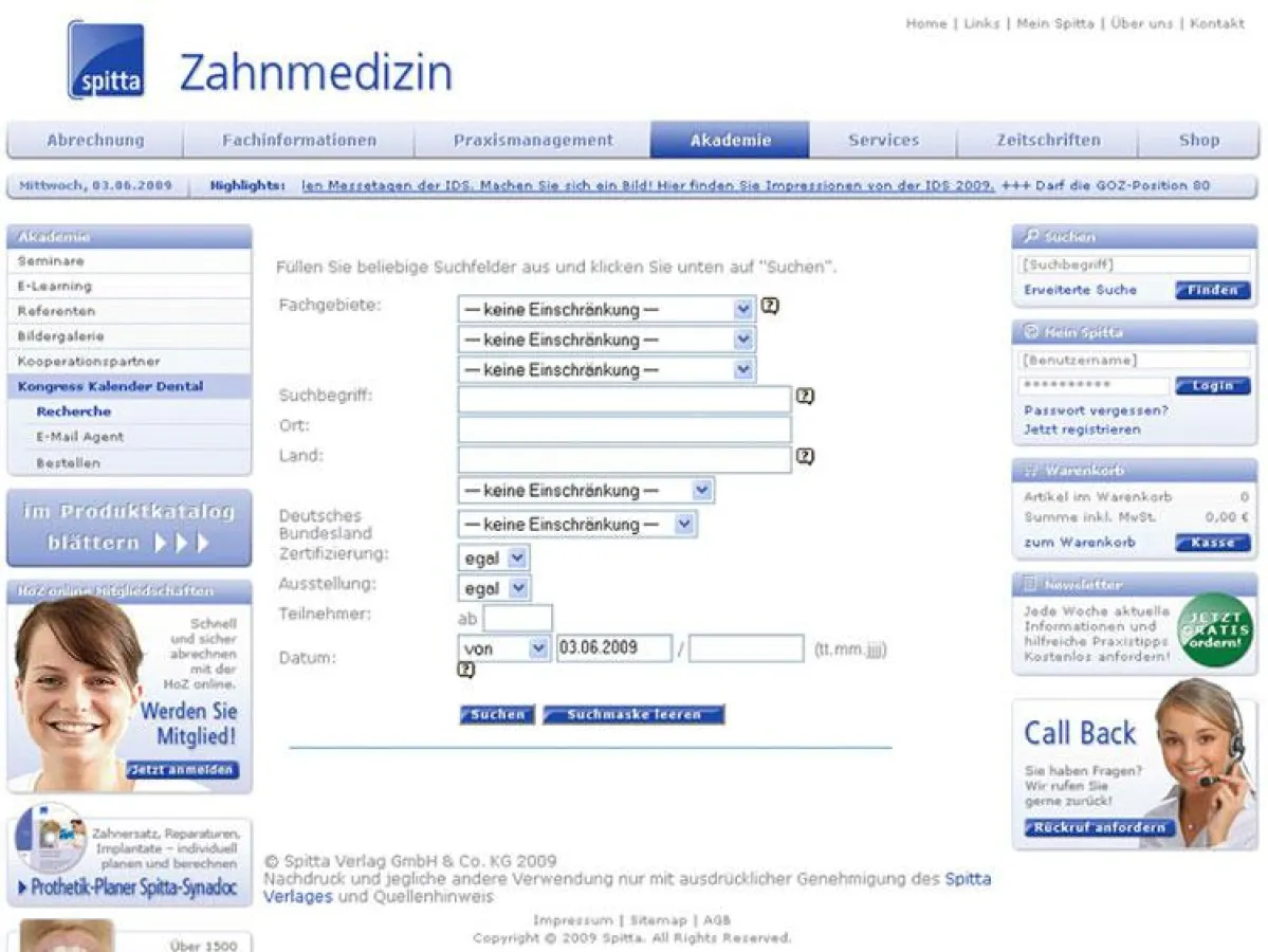 Recherche-Tool Kongress Kalender Dental