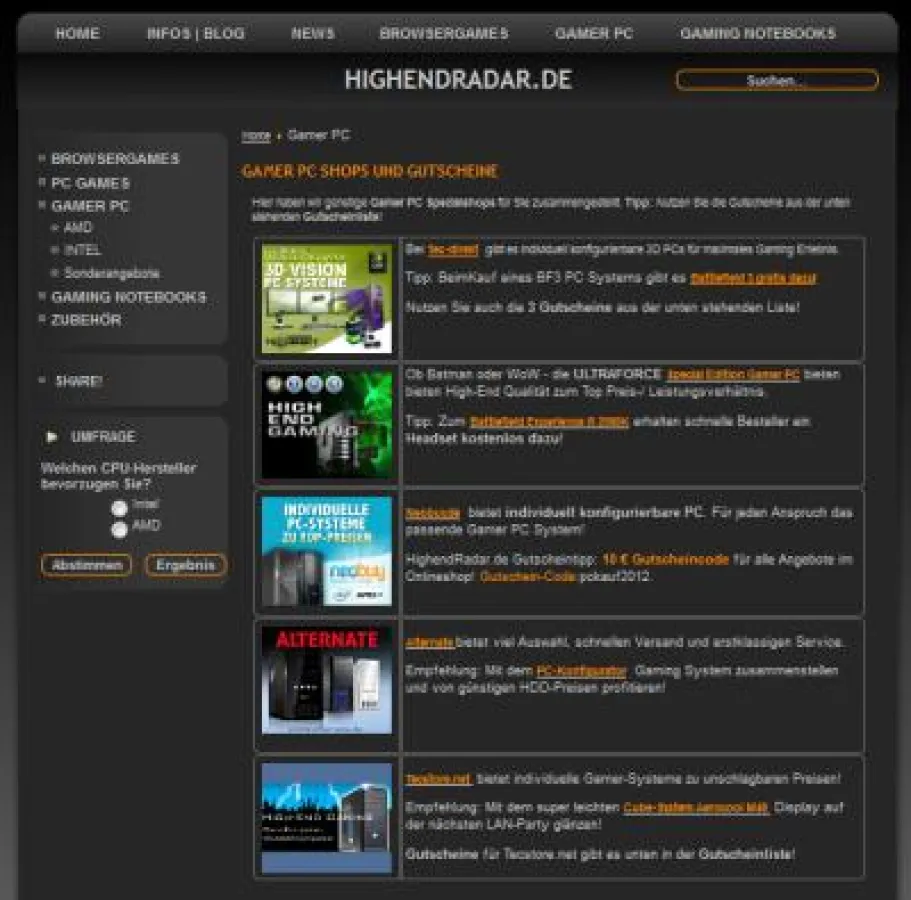High-End Gaming günstig kaufen mit Gutscheinen für Spezialshops bei HighendRadar.de!