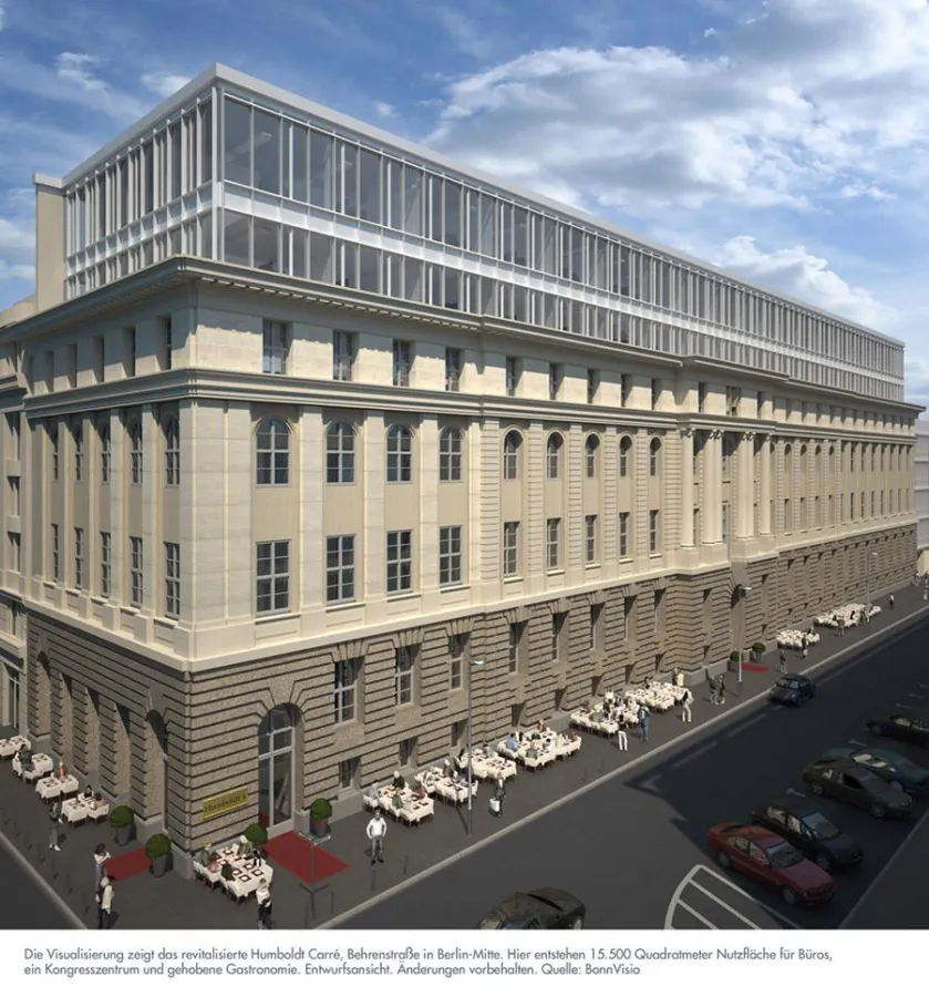 Die Visualisierung zeigt das revitalisierte Humboldt Carré, Behrenstraße in Berlin-Mitte. Hier enstehenden 15.500 qm Bürofläche, 2.200 qm Konferenzzentrum und gehobene Gastronomie im EG. Quelle BonnVi