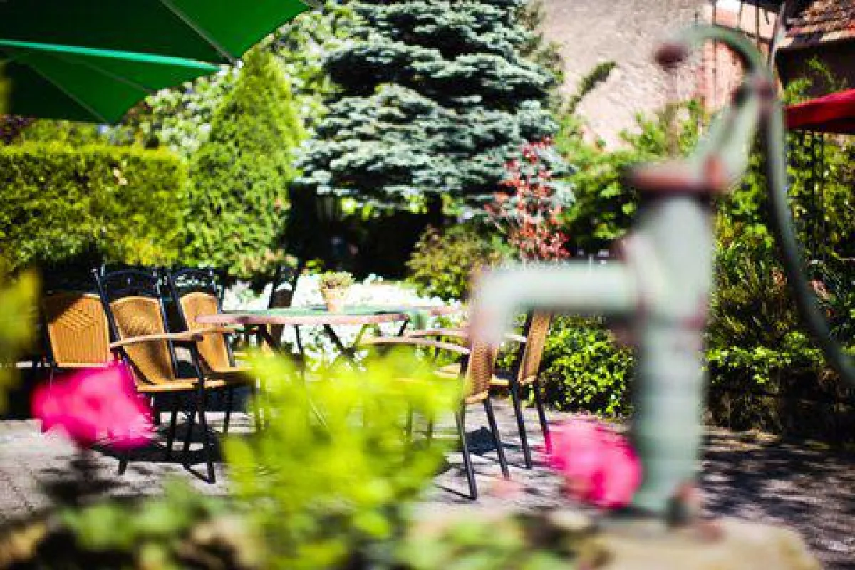 Idyllischer Biergarten mit Elsässer Flammkuchen