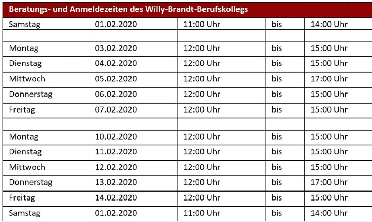 Anmelde- und Beratungszeiten des WBBKs