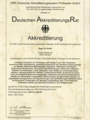Neue Akkreditierungsurkunde der Orga Lab GmbH — Kompetenzbestätigung nach DIN EN ISO/IEC 17025:2005 Bild: Neue Akkreditierungsurkunde der Orga Lab GmbH — Kompetenzbestätigung nach DIN EN ISO/IEC 17025:2005