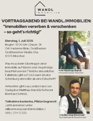Immobilien richtig vererben & verschenken – Expertenvortrag am 1. Juli 2025 in München-Hadern Bild: Immobilien richtig vererben & verschenken – Expertenvortrag am 1. Juli 2025 in München-Hadern