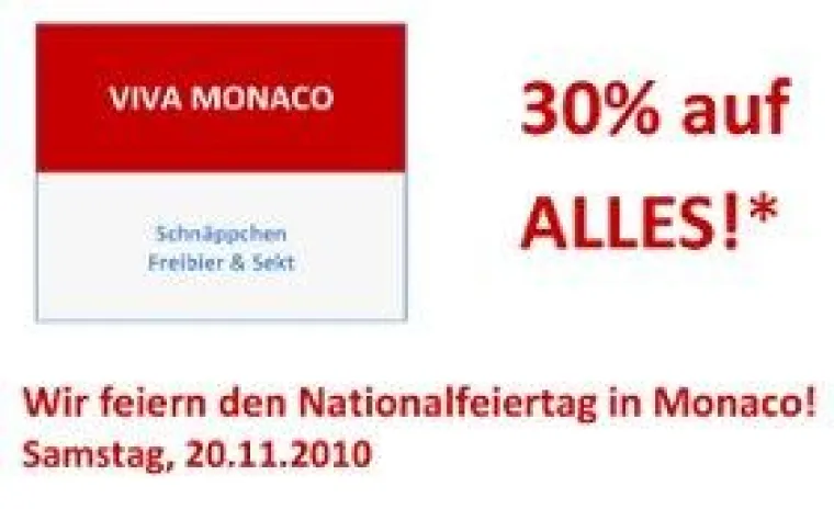 Bild: Wir feiern am 19. November den monacischen Nationalfeiertag mit 30% Rabatt und Freibier