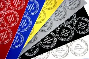 Bild: Prüfplaketten für schwierige Untergründe und extreme Umfeldbedingungen in verschiedenen Farbkombinationen