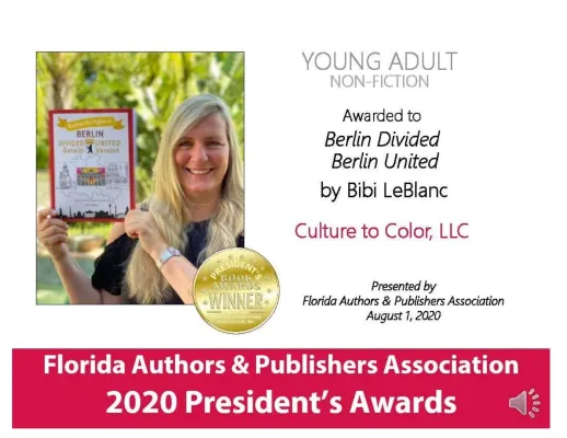 Bild: Bibi LeBlanc erhält mit ihrem Malbuch Berlin Geteilt - Berlin Vereint einen nationalen Buchpreis