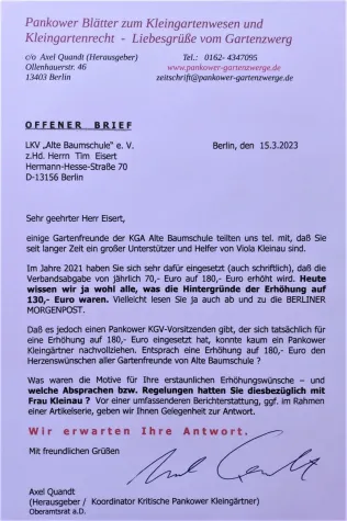 Bild: Offener Brief an den Pankower Kleingarten-Vereins-Vorsitzenden Tim Eisert. Es besteht Klärungsbedarf.