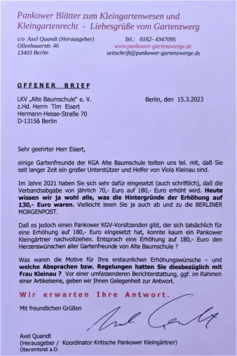 Bild: Offener Brief an den Pankower Kleingarten-Vereins-Vorsitzenden Tim Eisert. Es besteht Klärungsbedarf.