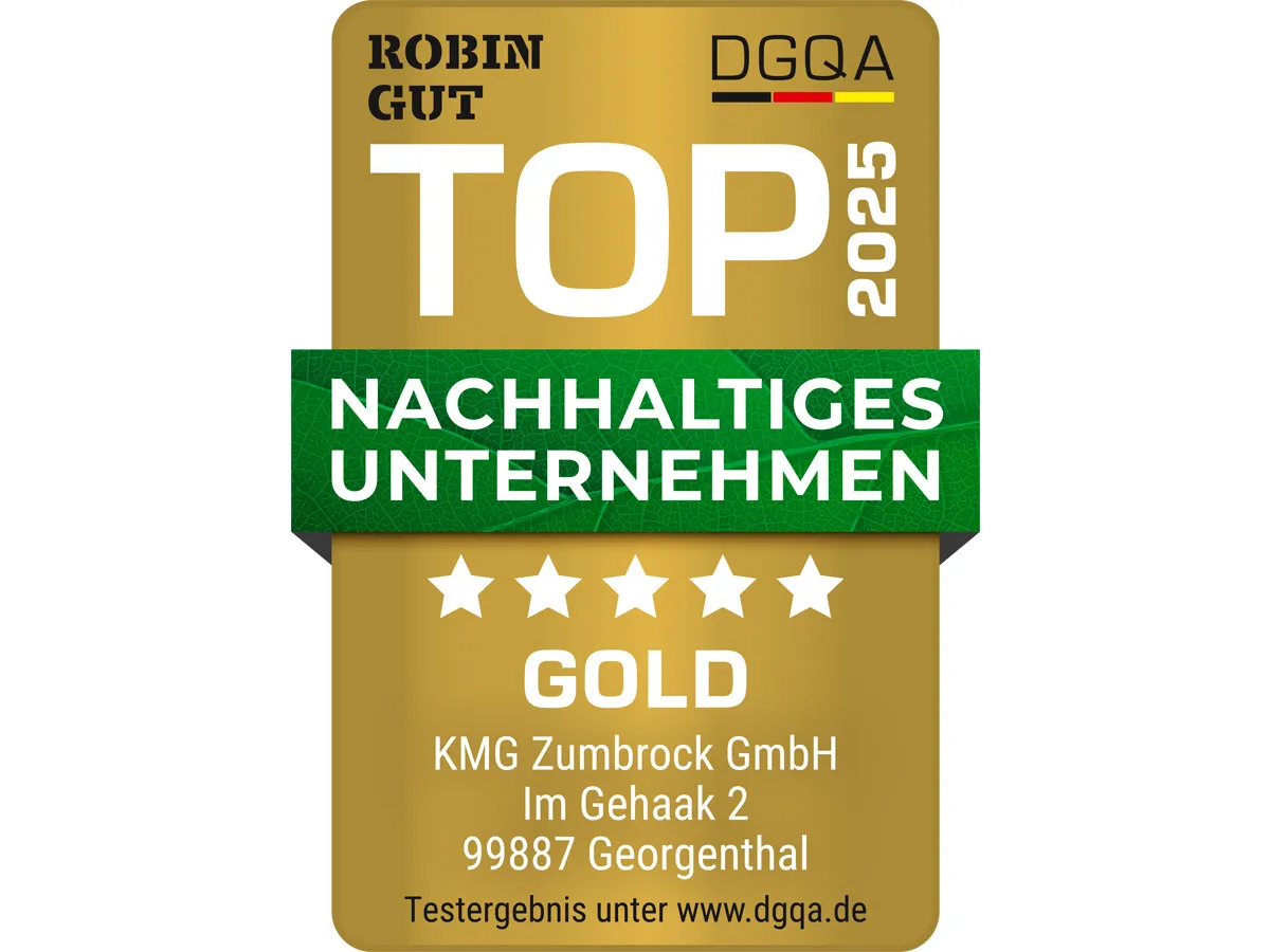 Das ROBIN GUT Nachhaltigkeitssiegel in Gold für die KMG Zumbrock GmbH (© DGQA - Deutsche Gesellschaft für Qualitätsanalysen mbH)