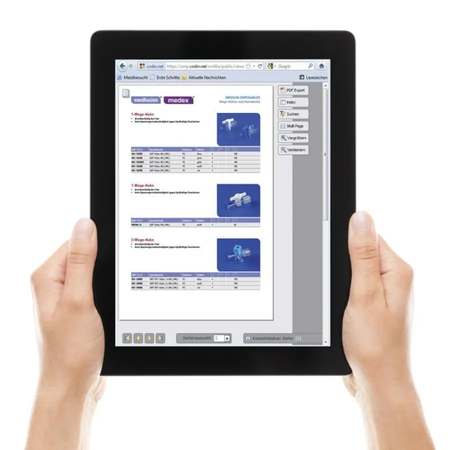 In CODIN® erzeugter Blätterkatalog von Smiths Medical, dargestellt mit einem Tablet-PC