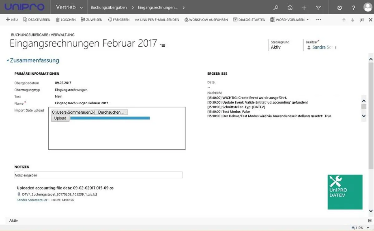 UniPRO/DATEV - Buchungsübergabe mit Eingangsrechnung