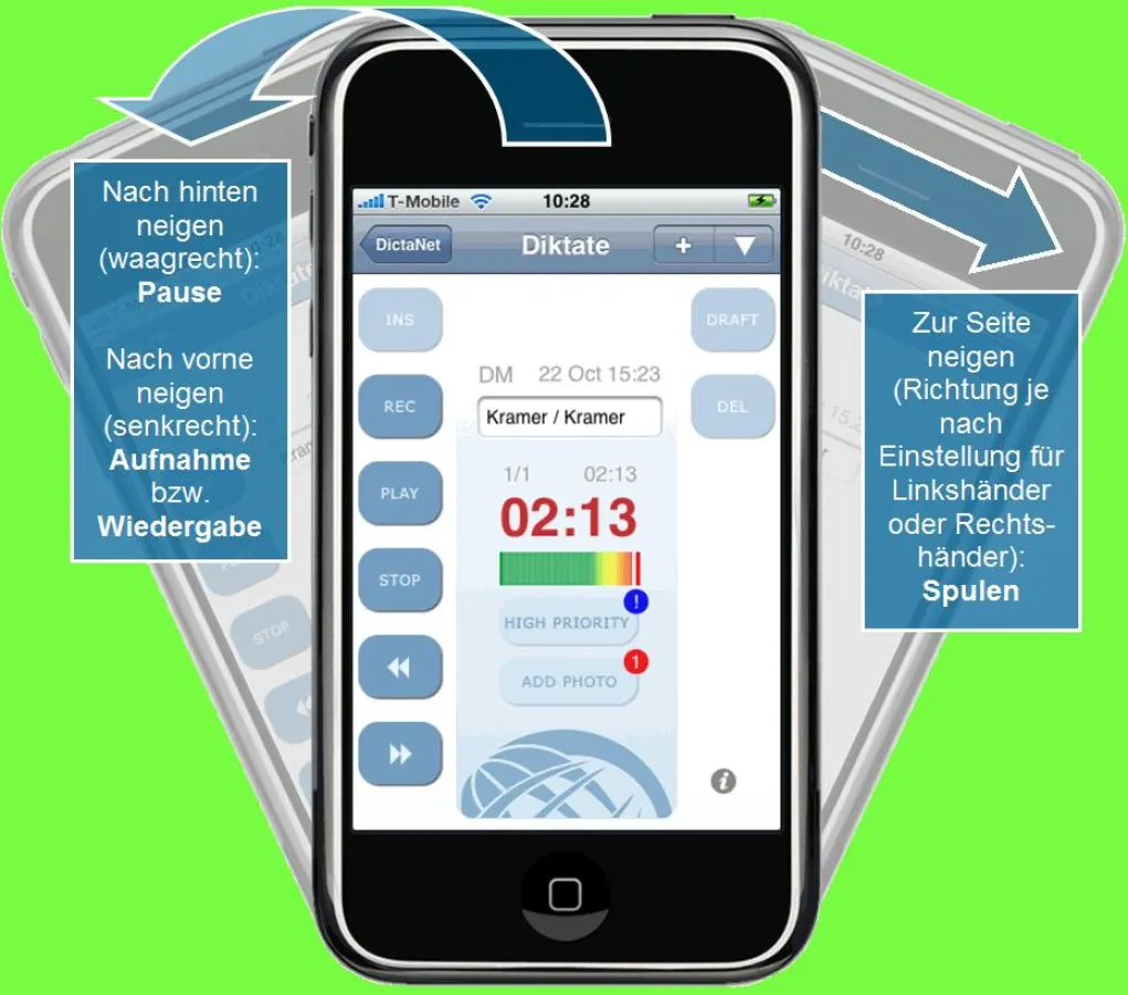 Mit DictaNet Mobile for iPhone präsentiert die DictaNet Software AG die  weltweit erste professionelle Diktierlösung, die per natürlichem  Bewegungsablauf zu steuern ist.