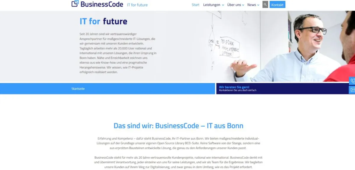 Startseite der neuen Homepage (Screenshot: BusinessCode)