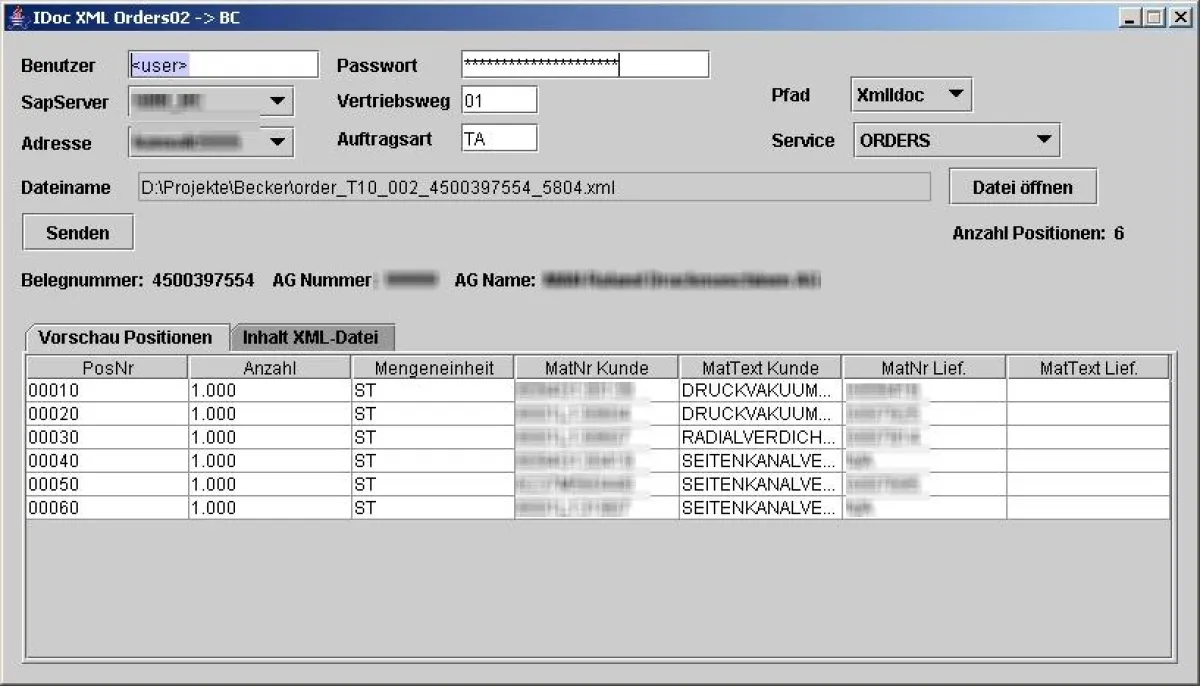 Von der clavis berater sozietät entwickeltes Tool zum SAP-Auftragsupload: Oberfläche Positionsvorschau