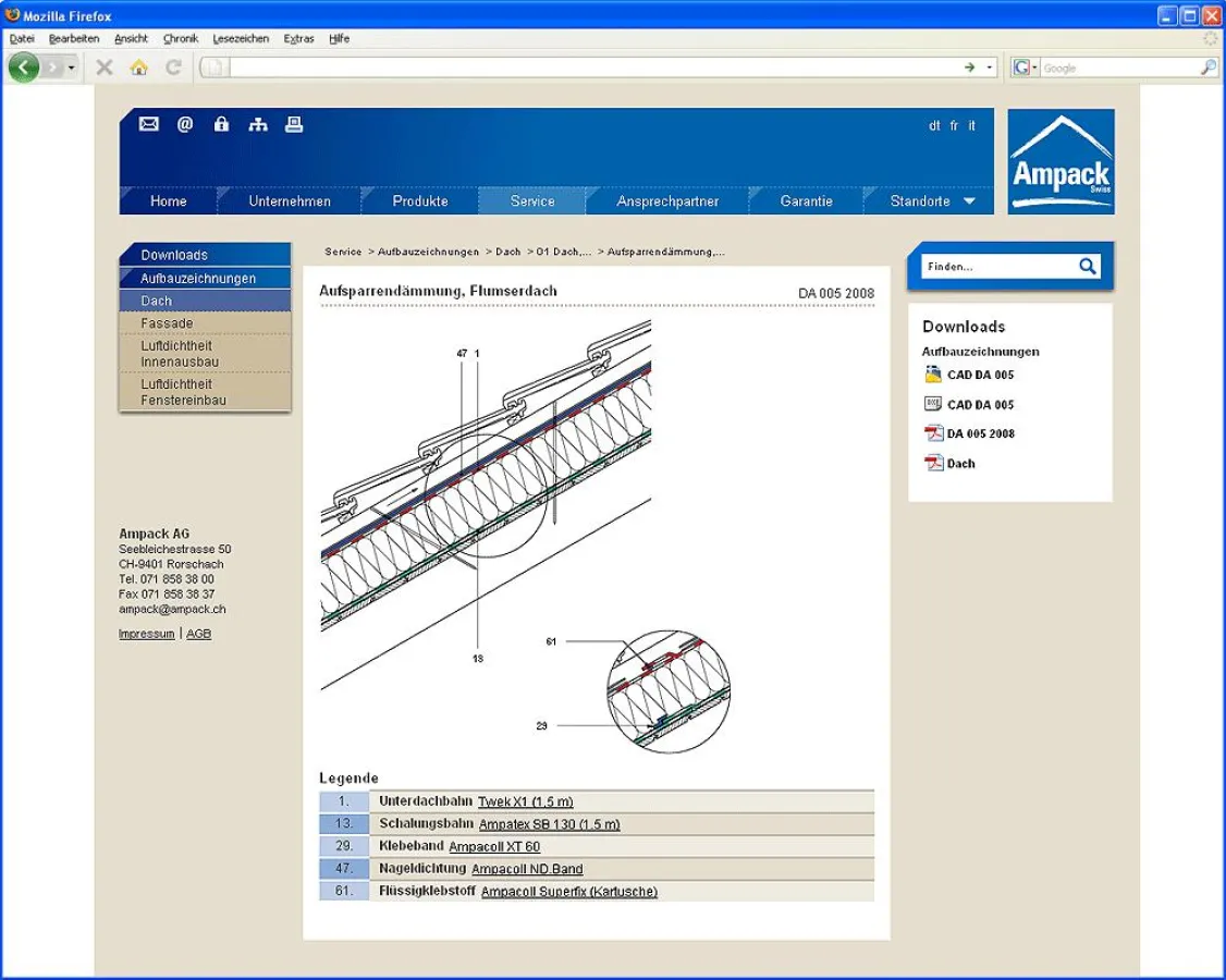 ampack.ch - Eine der vielen Informationen auf der Website: Aufbauzeichnungen zeigen, wo und wie welches Produkt anzuwenden ist