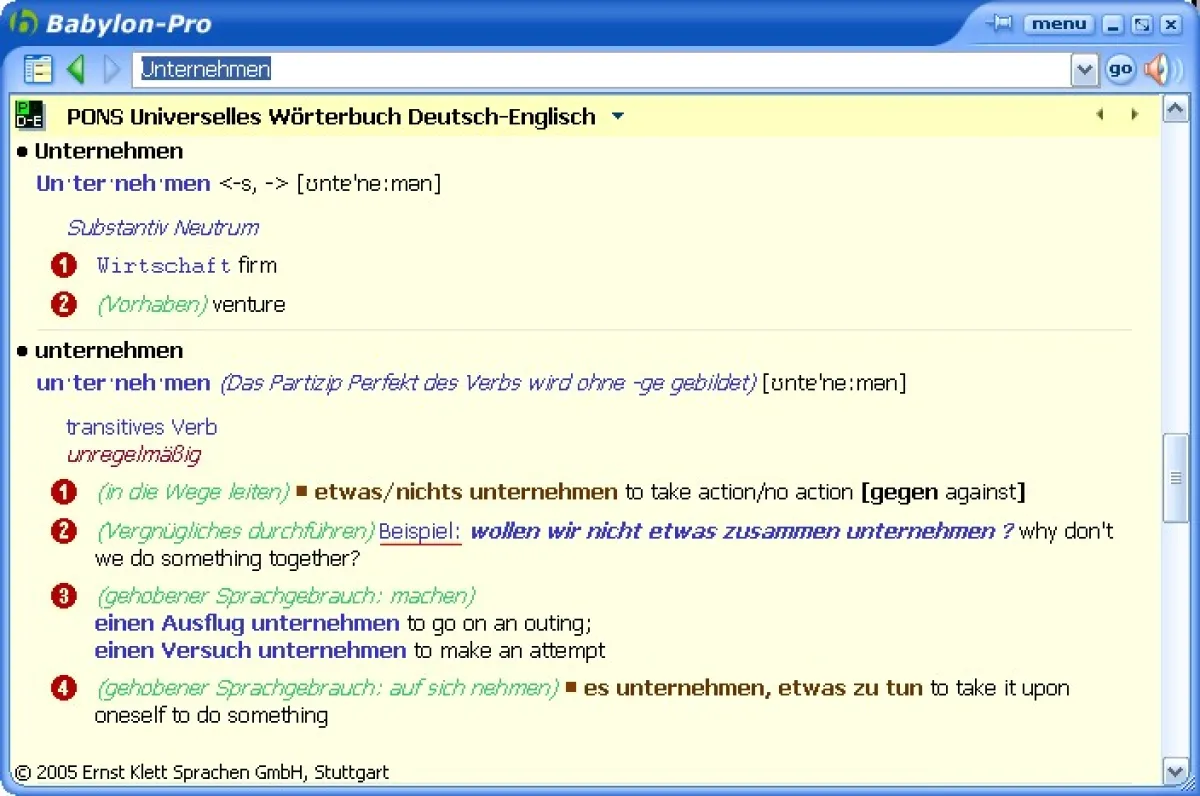 Babylon Popup-Fenster mit PONS-Wörterbuch-Fundstellen (Quelle: Babylon)