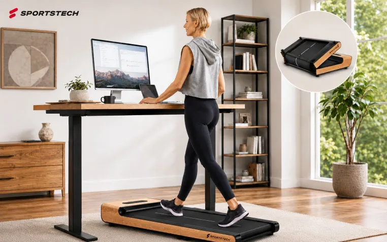 Bild: Sportstech stellt WoodPad Pro vor: faltbares Walking Pad mit Echtholzverarbeitung für den Homeoffice-Alltag