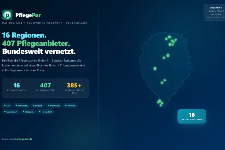 Bild: PflegePur-Netzwerk wächst auf 16 Regionen – 407 Pflegeanbieter bundesweit erreichbar
