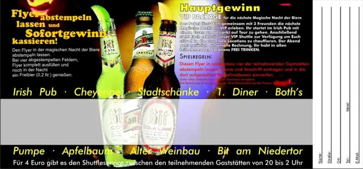 Wer diesen Flyer in 4 Locations abstempeln lässt erhält nicht nur ein Freibier, sondern kann auch noch ein VIP Paket für die nächste Magische Nacht gewinnen.