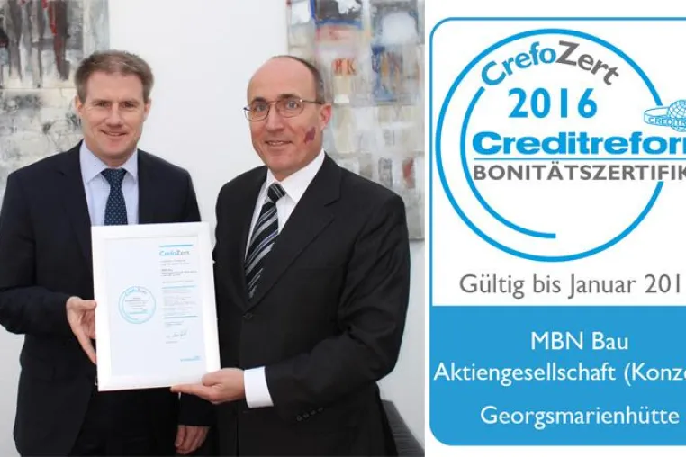 Die MBN Bau Aktiengesellschaft erhält 'CrefoZert' zum vierten Mal in Folge Bild: Die MBN Bau Aktiengesellschaft erhält 'CrefoZert' zum vierten Mal in Folge