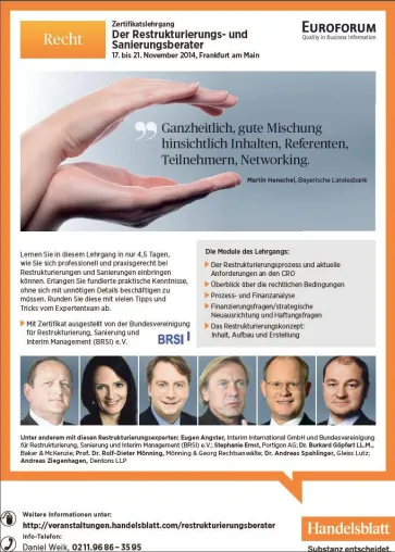 !BRSI AKADEMIE offeriert bereits den 6. Zertifikatslehrgang “Der Restrukturierungs- und Sanierungsmanager-/in“ Bild: !BRSI AKADEMIE offeriert bereits den 6. Zertifikatslehrgang “Der Restrukturierungs- und Sanierungsmanager-/in“