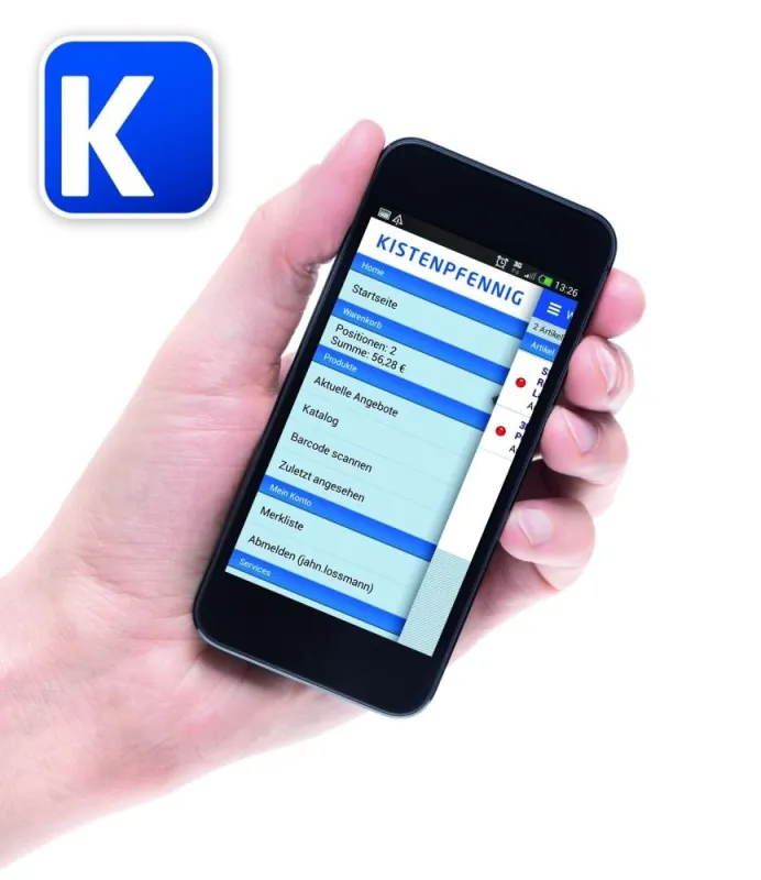 Die mobile-Shopping-App der Kistenpfennig AG auf dem Smartphonedisplay. Links oben das Icon der App.