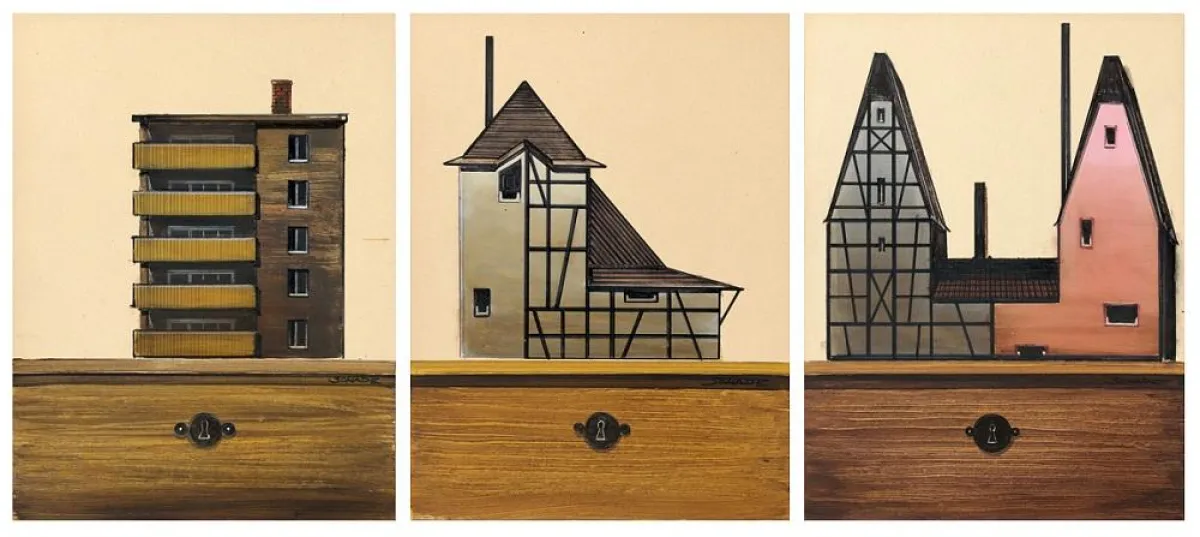 Titus Schade, Verschiedene Modellhäuser, 2011, jeweils Öl/Acryl auf Papier, 40x30cm, Foto: Uwe Walte