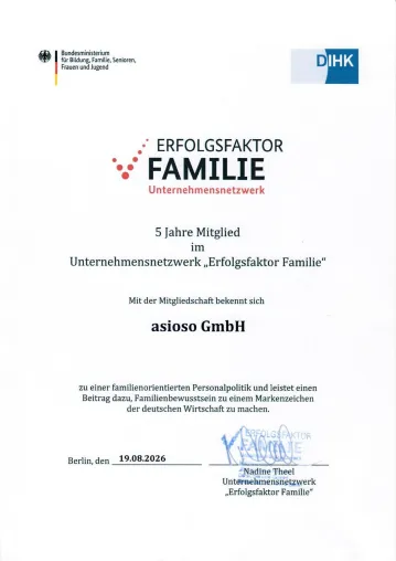 Bild: asioso seit fünf Jahren Mitglied im Unternehmensnetzwerk „Erfolgsfaktor Familie“