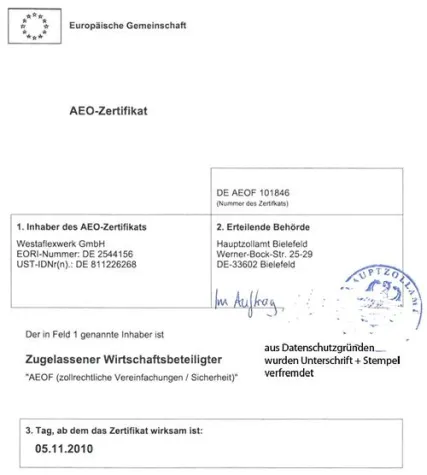 Bild: Westaflex als erstes SHK-Unternehmen mit AEO-Zertifizierung