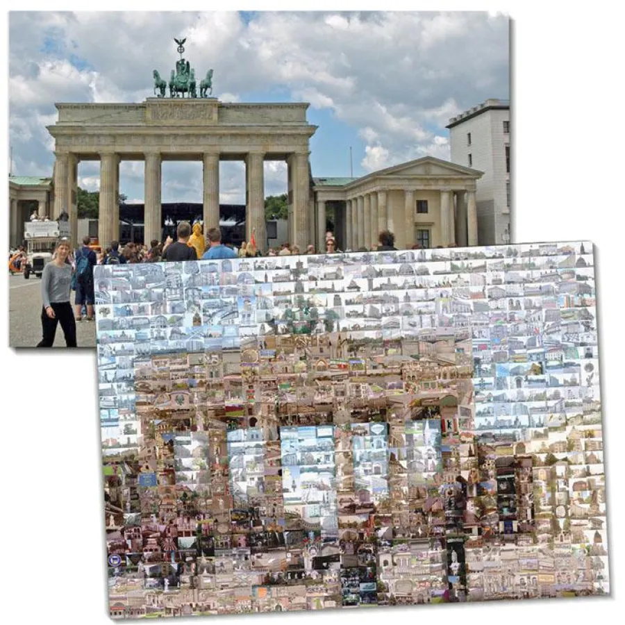 Das Brandenburger Tor einmal ganz anders: zusammengesetzt aus kleinen Berlinfotos