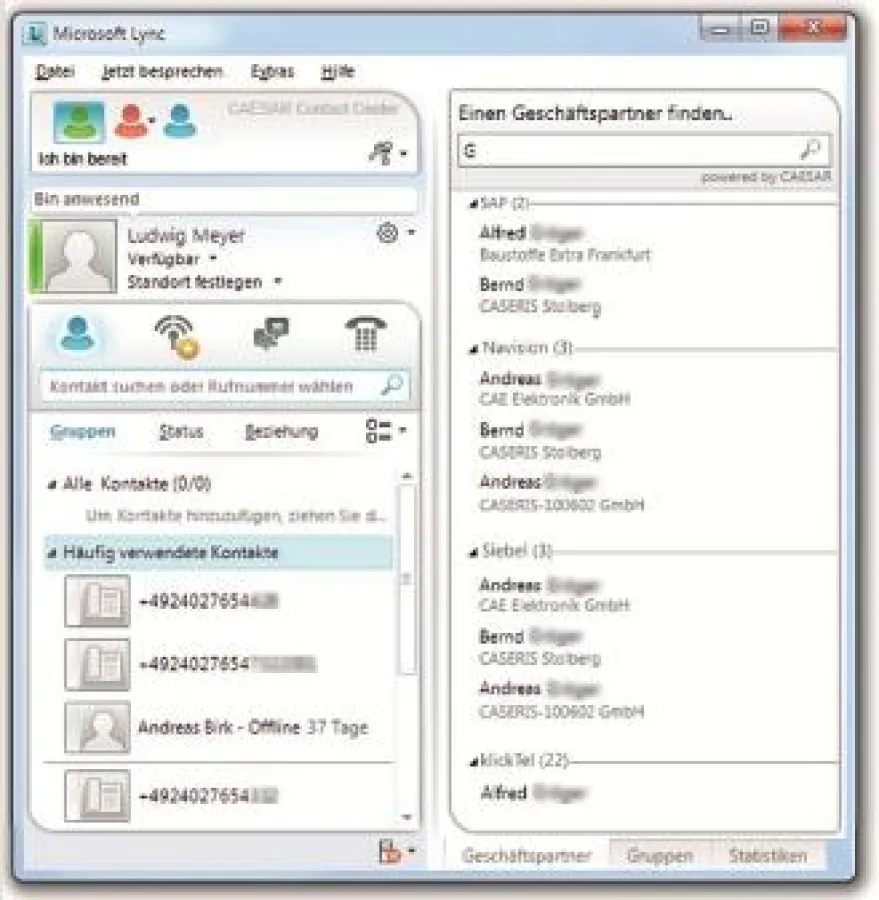 CAESAR für MS Lync bietet eine nahtlose Integration der CAESAR-Komponenten in eine vorhandene Lync-I