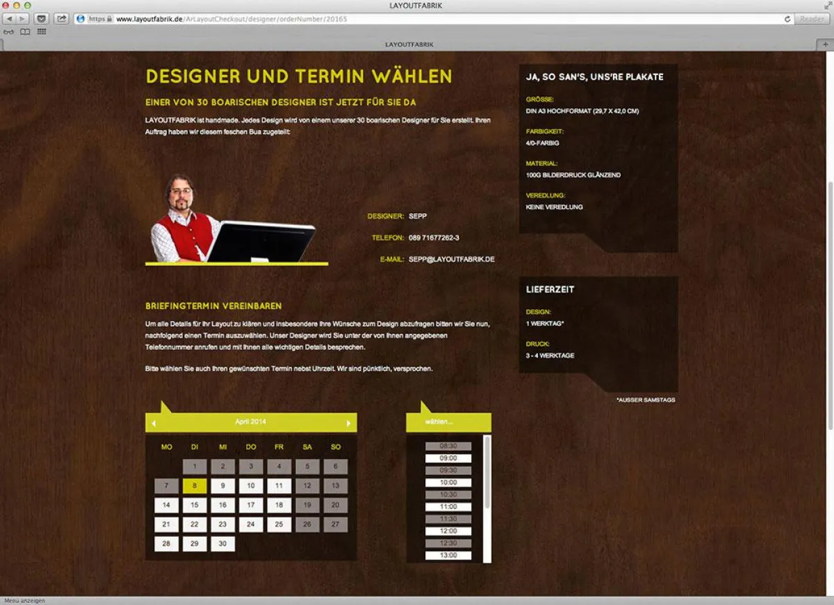 Briefingtermin online vereinbaren: Ansicht des Onlineportals layoutfabrik.de