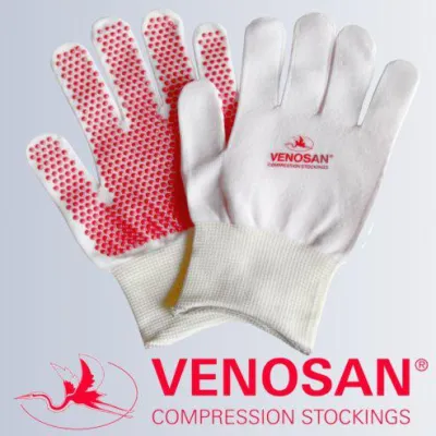 Bild: Praktische Handschuhe erleichtern das Anziehen von Kompressionsstrümpfen