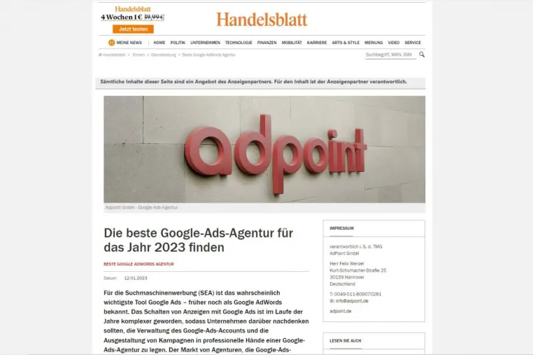 Das Handelsblatt über Google Ads und die Bedeutung einer Adwords Agentur für Unternehmen Bild: Das Handelsblatt über Google Ads und die Bedeutung einer Adwords Agentur für Unternehmen