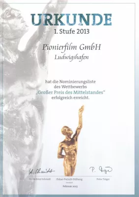 Werbefilmproduzent aus Rheinland Pfalz für Großen Preis des Mittelstandes 2013 nominiert Bild: Werbefilmproduzent aus Rheinland Pfalz für Großen Preis des Mittelstandes 2013 nominiert
