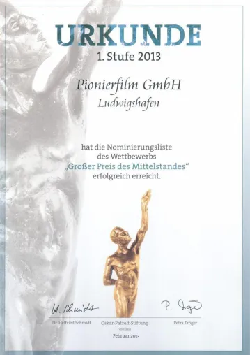 Bild: Werbefilmproduzent aus Rheinland Pfalz für Großen Preis des Mittelstandes 2013 nominiert