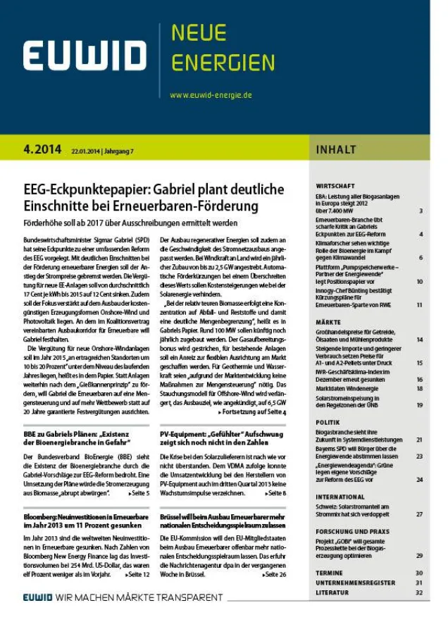 EUWID Neue Energien 4/2014 befasst sich ausführlich mit Gabriels EEG-Eckpunkten