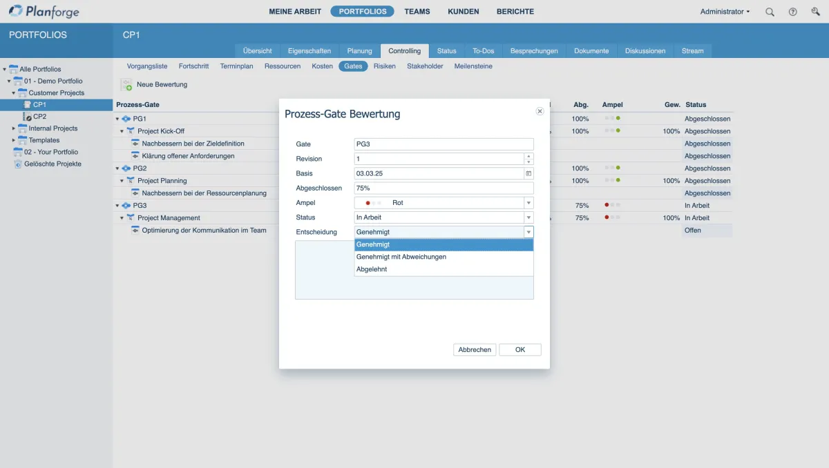 Planforge 25: Neue Gate-Management-Option ermöglicht nahtloses Tracking des Produktreifegrads. (© © Planforge)