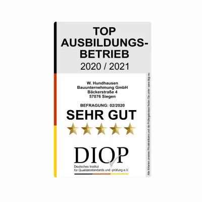 W. Hundhausen Bauunternehmung wurde erneut Top Ausbildungsbetrieb (DIQP) mit der Note „SEHR GUT“ Bild: W. Hundhausen Bauunternehmung wurde erneut Top Ausbildungsbetrieb (DIQP) mit der Note „SEHR GUT“