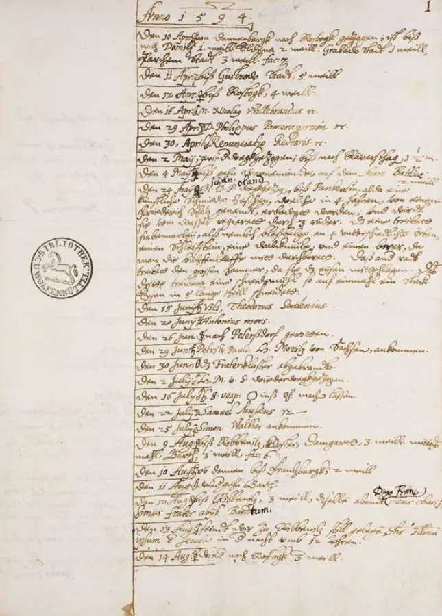 Ausschnitt aus dem Tagebuch von Herzog August d. J., der Eintrag vom 16. Juli 1594 lässt vermuten, dass August sich einen Ohrring stechen ließ (Foto: HAB)