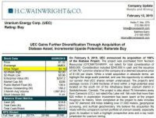 Bild: Uranium Energy übernimmt weiteres Projekt und Geologen - H.C. Wainwright sieht 220 % Kurspotenzial