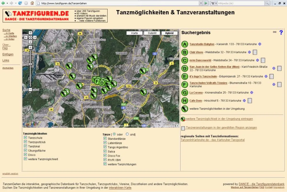 Tanzmöglichkeitensuche in der interaktiven Karte