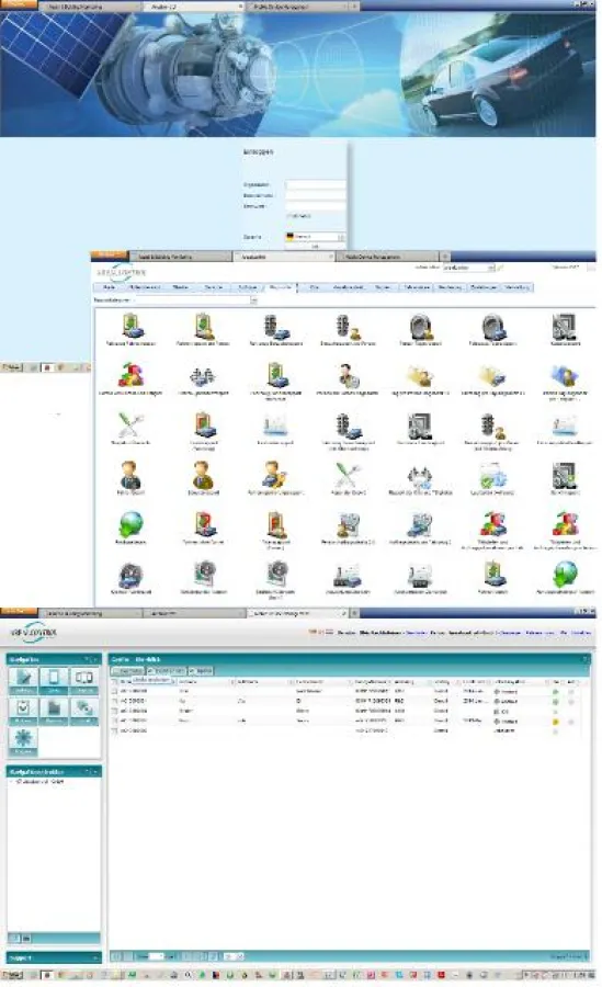 Bild oben: Telematik-Portal Login; Mitte: Übersicht Report-Apps; unten: Mobile Device Management